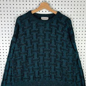 American Edition Teal Blue Knit‎ Crewneck Sweater Grandma 90s USA Pattern Large